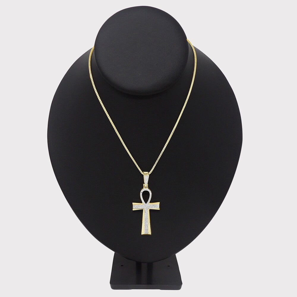 Real Genuine Authentic Diamond 0.60 Cwt. Egyptian Ankh Cross Charm 10K Gold Over Unisex Pendent Chain Set 2''