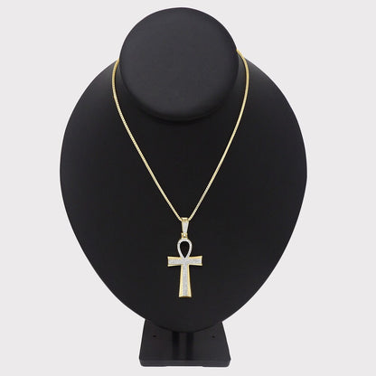 Real Genuine Authentic Diamond 0.60 Cwt. Egyptian Ankh Cross Charm 10K Gold Over Unisex Pendent Chain Set 2''