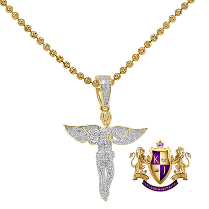 Real Genuine Diamond 0.87 Cwt. Praying Hands Angel Wings Charm 10K Gold Over Religious Pendent Chain Set Small 1.35''
