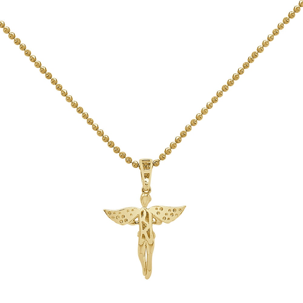 Real Genuine Diamond 0.87 Cwt. Praying Hands Angel Wings Charm 10K Gold Over Religious Pendent Chain Set Small 1.35''