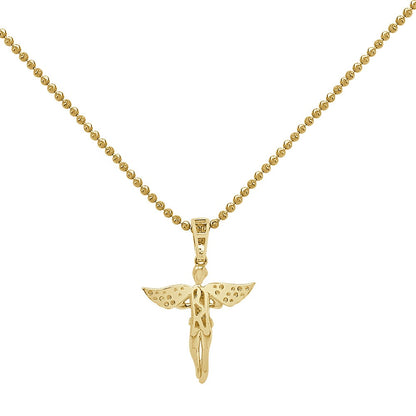 Real Genuine Diamond 0.87 Cwt. Praying Hands Angel Wings Charm 10K Gold Over Religious Pendent Chain Set Small 1.35''