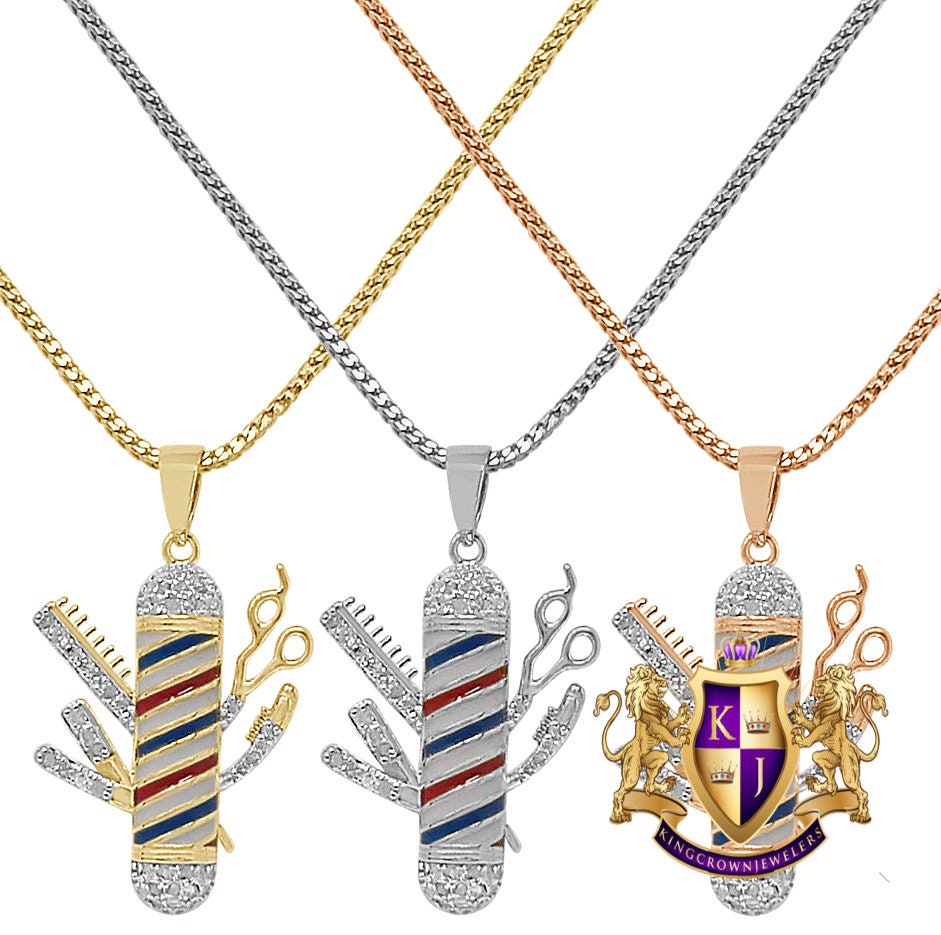 Mini Small 1.25'' Real Genuine Diamond Barber Shop Pole Scissors Comb Pendant 10K Gold Over Unisex Charm Chain Set