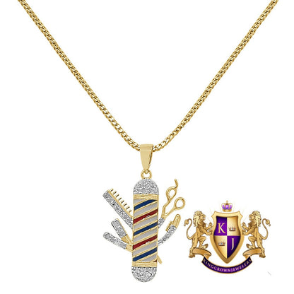 Mini Small 1.25'' Real Genuine Diamond Barber Shop Pole Scissors Comb Pendant 10K Gold Over Unisex Charm Chain Set