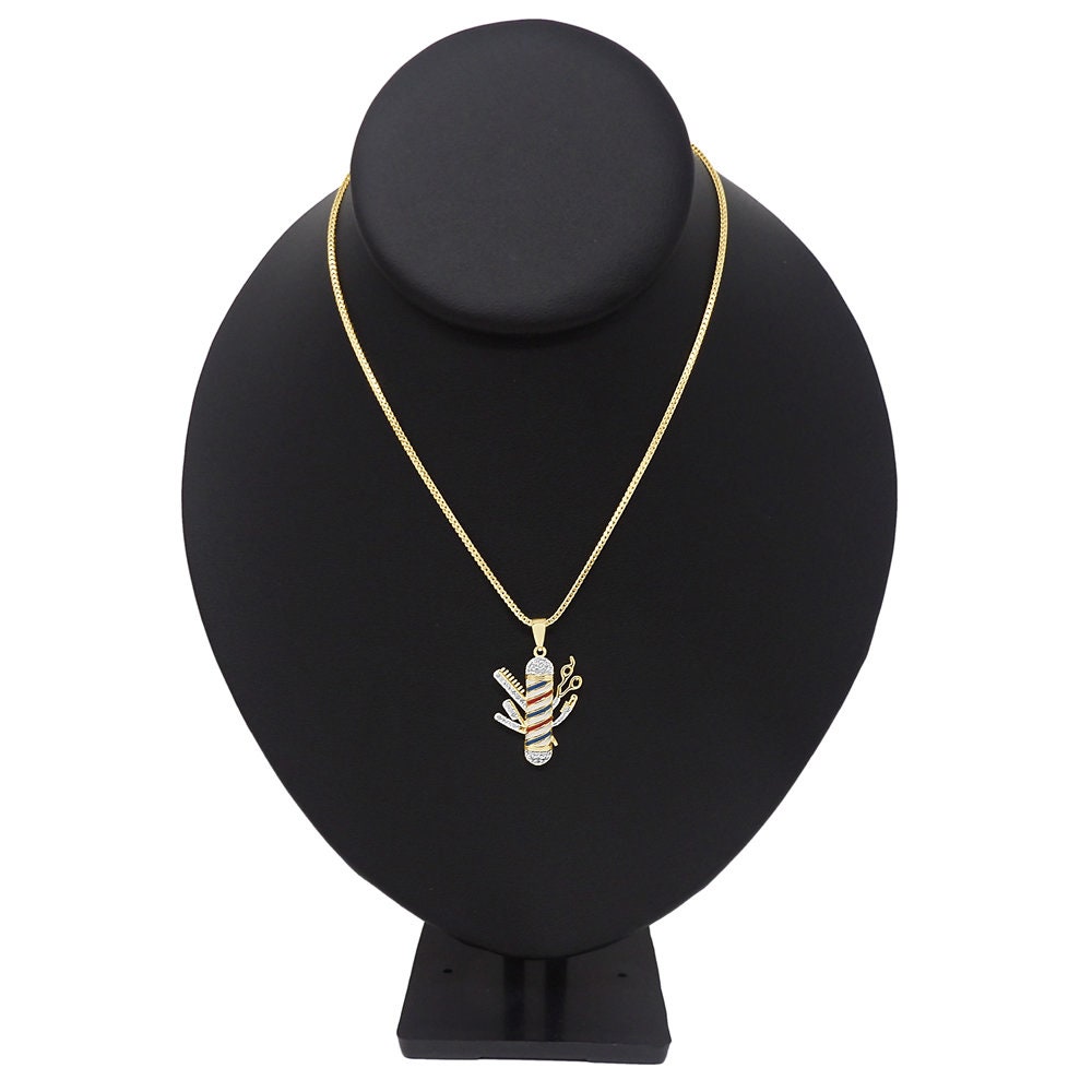 Mini Small 1.25'' Real Genuine Diamond Barber Shop Pole Scissors Comb Pendant 10K Gold Over Unisex Charm Chain Set