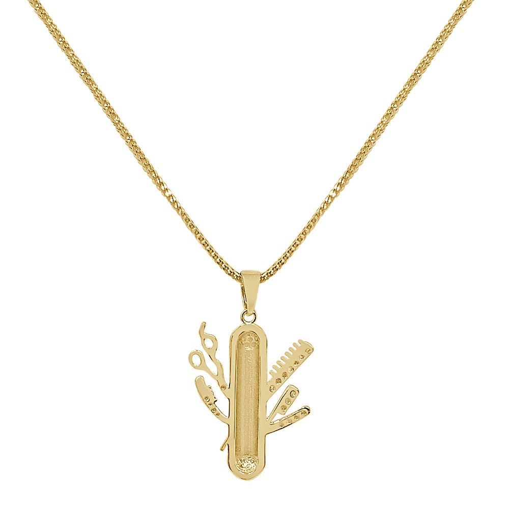 Mini Small 1.25'' Real Genuine Diamond Barber Shop Pole Scissors Comb Pendant 10K Gold Over Unisex Charm Chain Set