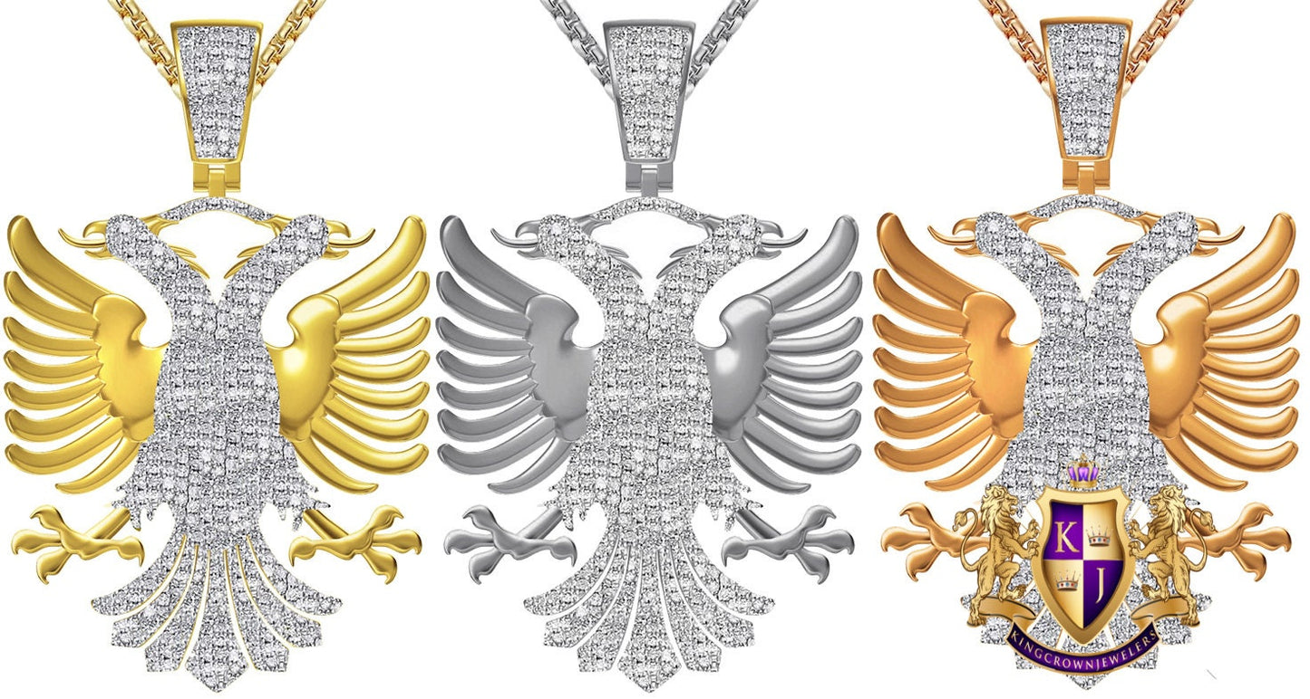 Real Genuine Authentic Diamond 0.61 Cwt. 39+ Grams Albanian Eagle Double Headed Flying Bird 10K Gold Over Albania Pendent Charm Big 2.5''