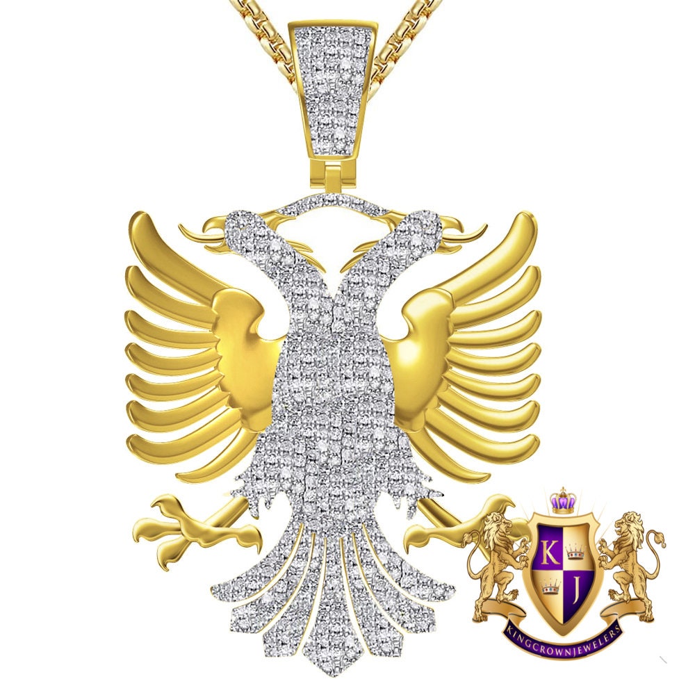 Real Genuine Authentic Diamond 0.61 Cwt. 39+ Grams Albanian Eagle Double Headed Flying Bird 10K Gold Over Albania Pendent Charm Big 2.5''