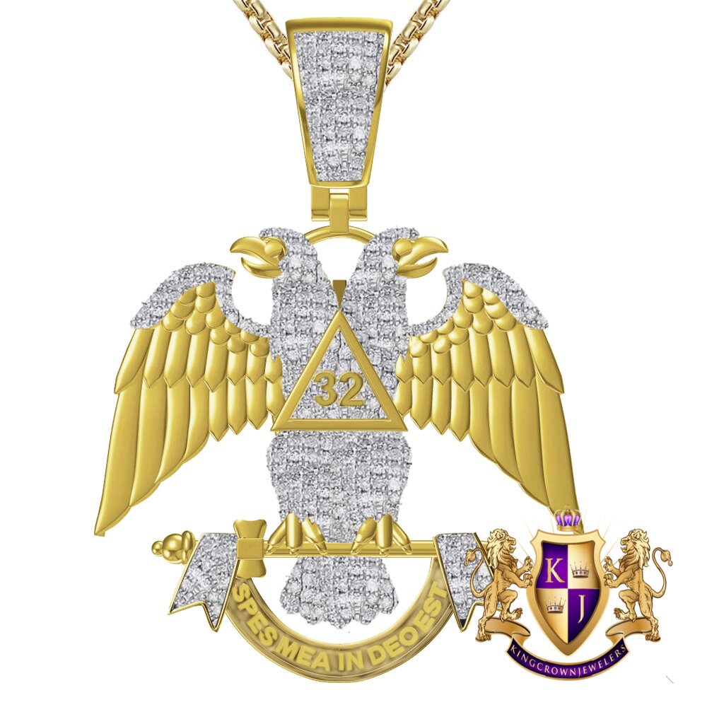 Real Diamond 0.60 Cwt. 25+ Grams Scottish Rite 32nd Degree Master Freemasons Double Headed Eagle Masonic Charm 10K Gold Over Pendent 2.25''