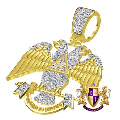 Real Diamond 0.60 Cwt. 25+ Grams Scottish Rite 32nd Degree Master Freemasons Double Headed Eagle Masonic Charm 10K Gold Over Pendent 2.25''
