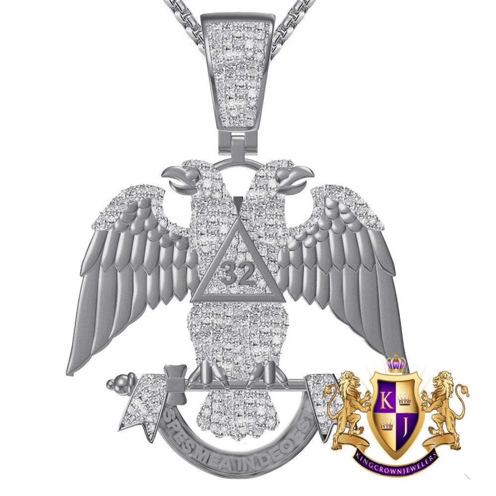 Real Diamond 0.60 Cwt. 25+ Grams Scottish Rite 32nd Degree Master Freemasons Double Headed Eagle Masonic Charm 10K Gold Over Pendent 2.25''