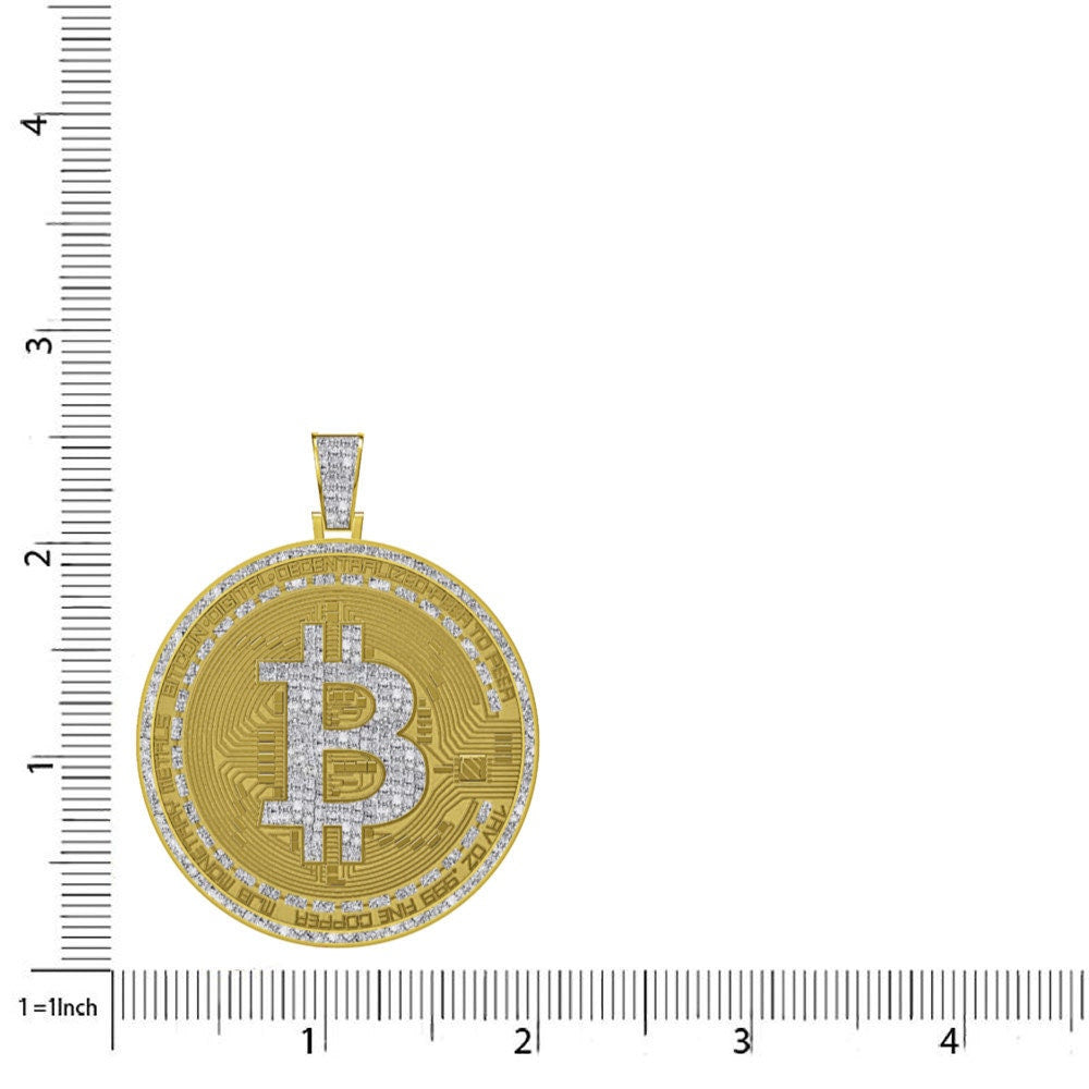 Real Genuine Diamond 0.60 Cwt. 21+ Grams Custom Piece Bitcoin Digital Money Cryptocurrency 10K Gold Over Pendent Charm Medallion Big 2.5''