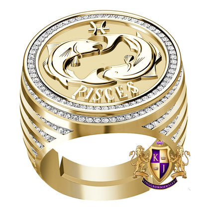 Men's Real Genuine Diamond 1.00 Cwt. Zodiac Astrological Sign Pisces Water Fish Horoscope Band 10K Solid Gold On Ring 24mm (Adjustable Size)