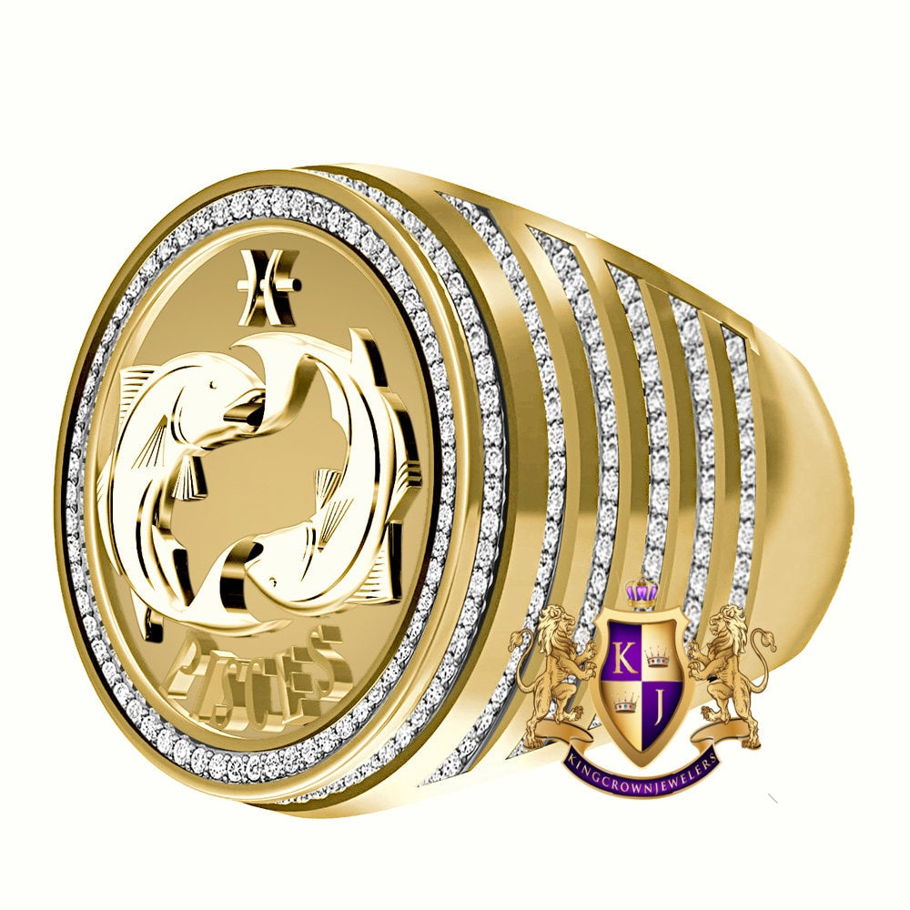 Men's Real Genuine Diamond 1.00 Cwt. Zodiac Astrological Sign Pisces Water Fish Horoscope Band 10K Solid Gold On Ring 24mm (Adjustable Size)