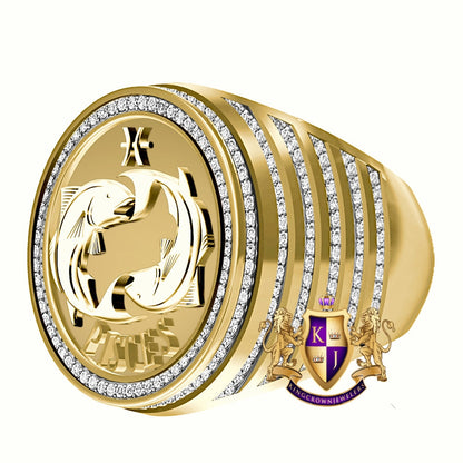 Men's Real Genuine Diamond 1.00 Cwt. Zodiac Astrological Sign Pisces Water Fish Horoscope Band 10K Solid Gold On Ring 24mm (Adjustable Size)