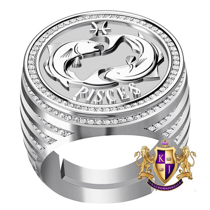 Men's Real Genuine Diamond 1.00 Cwt. Zodiac Astrological Sign Pisces Water Fish Horoscope Band 10K Solid Gold On Ring 24mm (Adjustable Size)