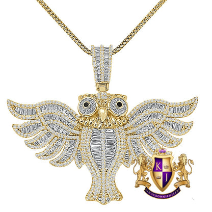 30+ Grams Real Genuine Sterling Silver Baguette Round Cut Simulated Diamond Flying Owl Bird Onyx Eye Charm 14K Gold Over Pendent Chain Set