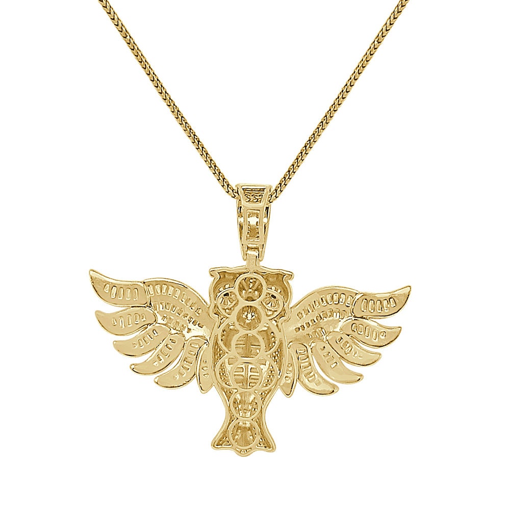 30+ Grams Real Genuine Sterling Silver Baguette Round Cut Simulated Diamond Flying Owl Bird Onyx Eye Charm 14K Gold Over Pendent Chain Set