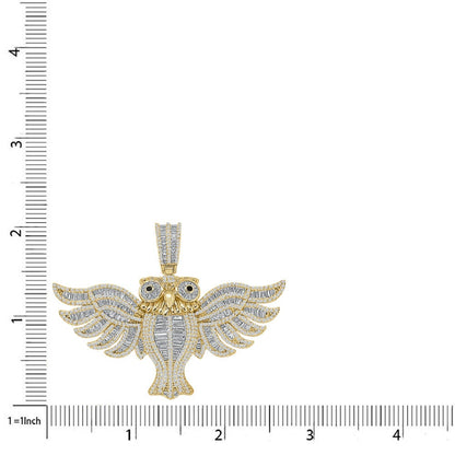 30+ Grams Real Genuine Sterling Silver Baguette Round Cut Simulated Diamond Flying Owl Bird Onyx Eye Charm 14K Gold Over Pendent Chain Set