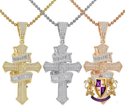 Baguette Real Authentic Italian Sterling Silver Simulated Diamond  14K Gold Over Jesus Cross Pendent Charm Chain Set 2.10''