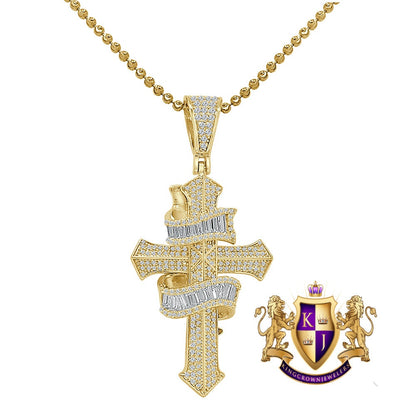 Baguette Real Authentic Italian Sterling Silver Simulated Diamond  14K Gold Over Jesus Cross Pendent Charm Chain Set 2.10''