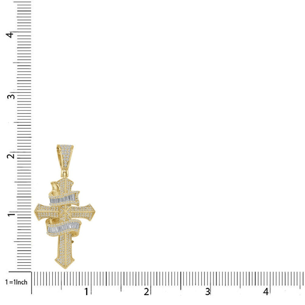 Baguette Real Authentic Italian Sterling Silver Simulated Diamond  14K Gold Over Jesus Cross Pendent Charm Chain Set 2.10''