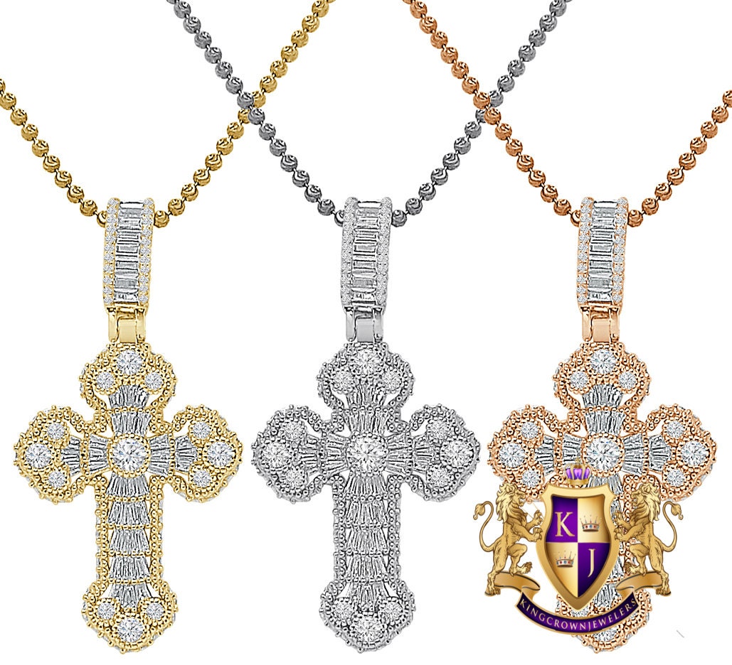 Baguette Real Authentic Italian Sterling Silver Simulated Diamond  14K Gold Over Jesus Cross Pendent Charm Chain Set 2''