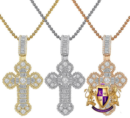 Baguette Real Authentic Italian Sterling Silver Simulated Diamond  14K Gold Over Jesus Cross Pendent Charm Chain Set 2''