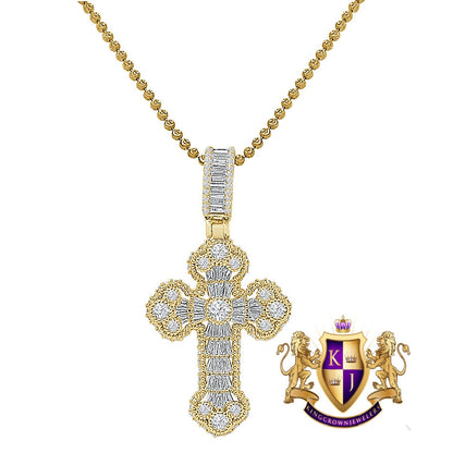 Baguette Real Authentic Italian Sterling Silver Simulated Diamond  14K Gold Over Jesus Cross Pendent Charm Chain Set 2''