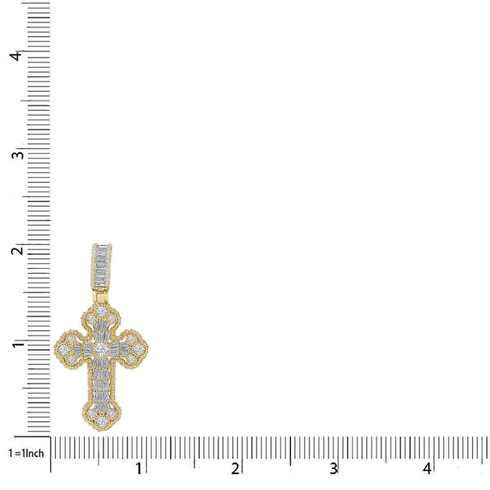 Baguette Real Authentic Italian Sterling Silver Simulated Diamond  14K Gold Over Jesus Cross Pendent Charm Chain Set 2''