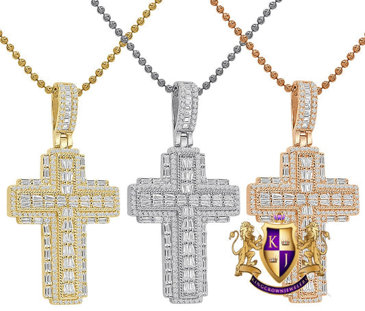 Unisex Baguette Real Authentic Italian Sterling Silver Simulated Diamond  14K Gold Over Jesus Cross Pendent Charm Chain Set 2.10''