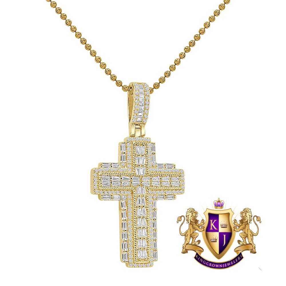 Unisex Baguette Real Authentic Italian Sterling Silver Simulated Diamond  14K Gold Over Jesus Cross Pendent Charm Chain Set 2.10''