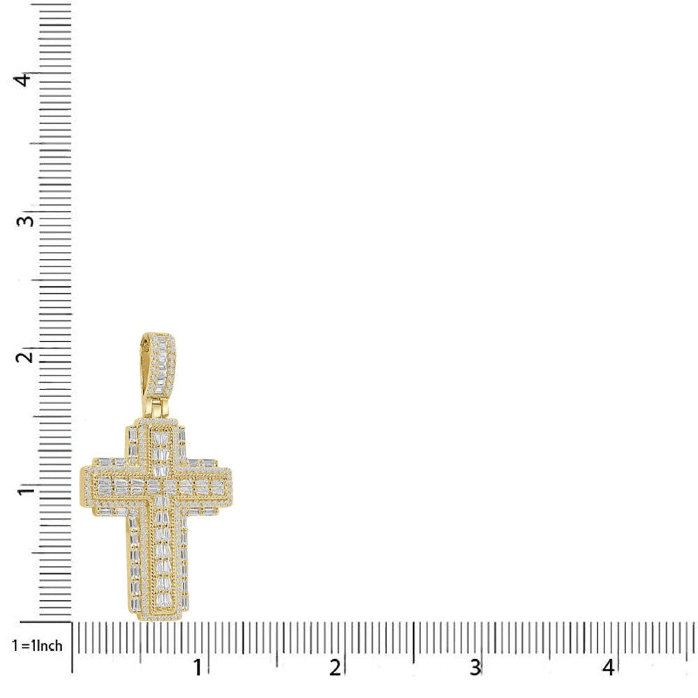 Unisex Baguette Real Authentic Italian Sterling Silver Simulated Diamond  14K Gold Over Jesus Cross Pendent Charm Chain Set 2.10''