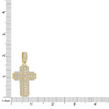 Unisex Baguette Real Authentic Italian Sterling Silver Simulated Diamond  14K Gold Over Jesus Cross Pendent Charm Chain Set 2.10''