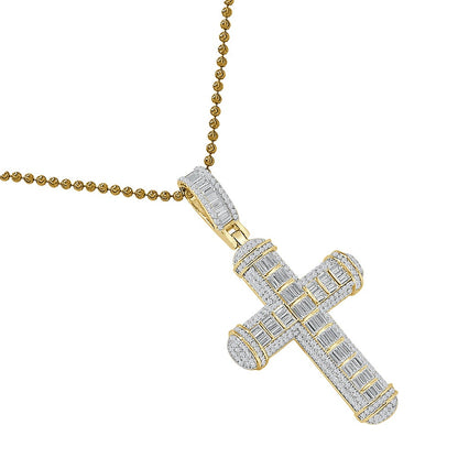 Genuine Authentic Italian Sterling Silver Baguette Round Cut Simulated Diamond  14K Gold Over Jesus Cross Pendent Charm Chain Set 2.25''