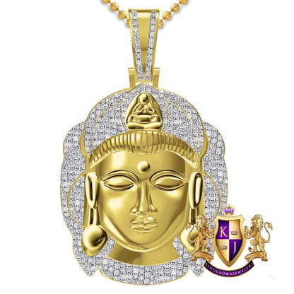 100% Real Genuine Diamond 0.60 Ct. 30+ Grams Siddhartha Lord Meditating Gautama Buddha Head 10K Gold Over Pendent Unisex Charm Chain Set 2''