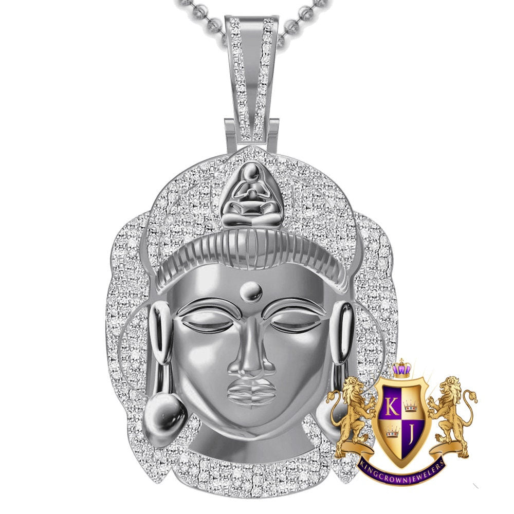 100% Real Genuine Diamond 0.60 Ct. 30+ Grams Siddhartha Lord Meditating Gautama Buddha Head 10K Gold Over Pendent Unisex Charm Chain Set 2''