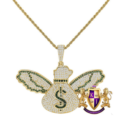 Real Genuine Sterling Silver 14K Gold Over Baguette/ Round Cut Simulated Diamond Flying Cash Money Bag Dollar Sign Pendent Charm Chain Set