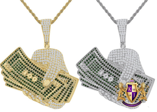 40+ Grams 14K Gold On Real Sterling Silver Hand Holding Money Cash 100 Hundred Dollar Bills Rich Simulated Diamond Pendant Charm Chain  2"