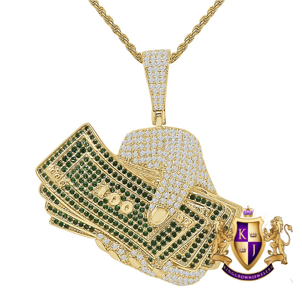 40+ Grams 14K Gold On Real Sterling Silver Hand Holding Money Cash 100 Hundred Dollar Bills Rich Simulated Diamond Pendant Charm Chain  2"