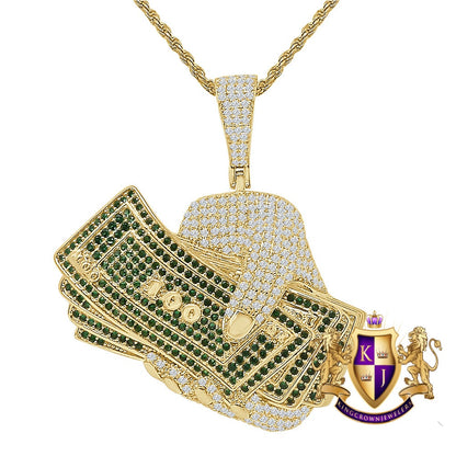 40+ Grams 14K Gold On Real Sterling Silver Hand Holding Money Cash 100 Hundred Dollar Bills Rich Simulated Diamond Pendant Charm Chain  2"