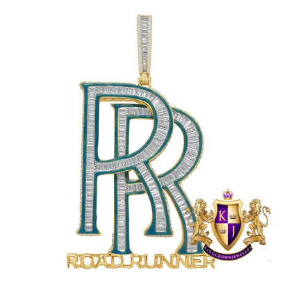 34+ Grams Baguette Genuine Sterling Silver Men's 3.50 Ct Simulated Diamond 14K Gold Over Custom RR ROAD RUNNER 3D Charm Pendant Big 3''