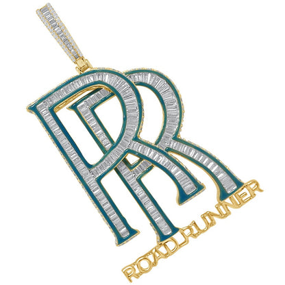 34+ Grams Baguette Genuine Sterling Silver Men's 3.50 Ct Simulated Diamond 14K Gold Over Custom RR ROAD RUNNER 3D Charm Pendant Big 3''