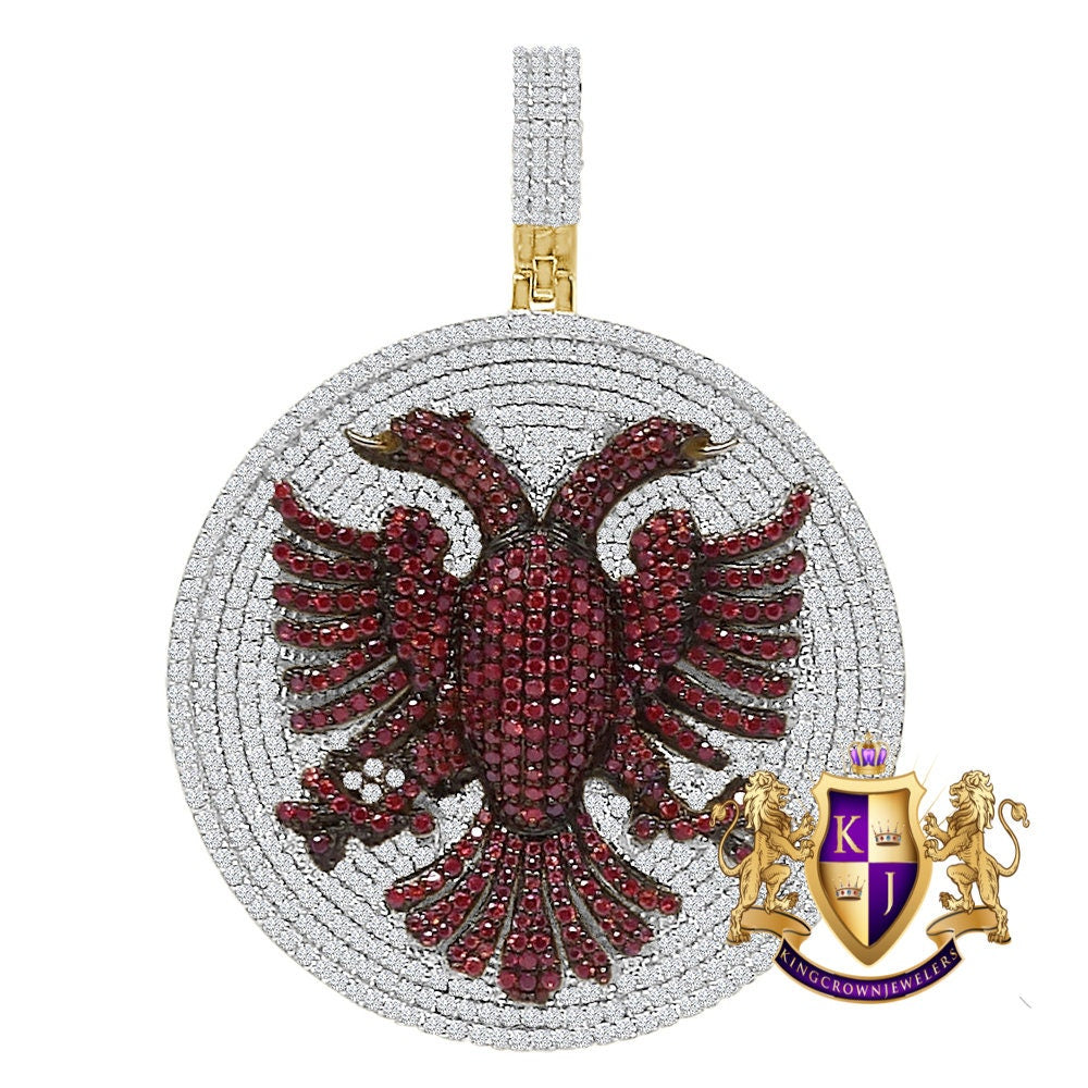 35+ Grams Big 2.65'' Real Sterling Silver Simulated Diamond Albanian Eagle Double Headed Flying Bird Medallion 14K Gold Finish Charm Pendant