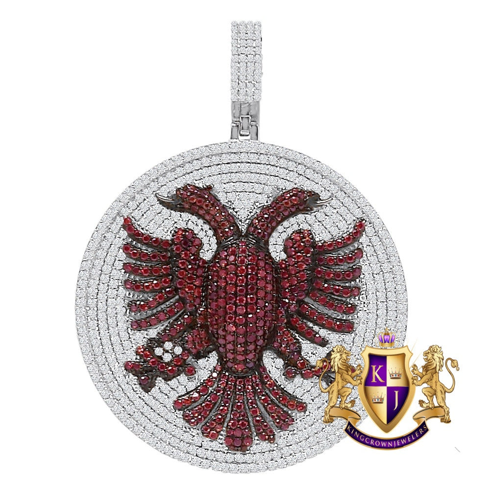 35+ Grams Big 2.65'' Real Sterling Silver Simulated Diamond Albanian Eagle Double Headed Flying Bird Medallion 14K Gold Finish Charm Pendant