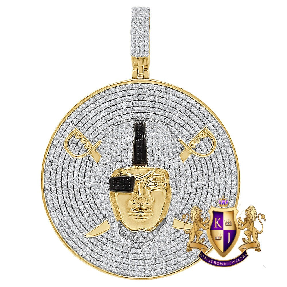 31+ Grams Big 2.5'' Genuine Sterling Silver 9.00 Cwt. Simulated Diamond 14K Gold Over Oakland Raiders Sports Men's Medallion Pendant Charm