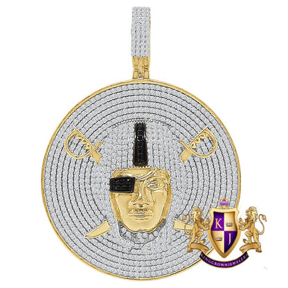 31+ Grams Big 2.5'' Genuine Sterling Silver 9.00 Cwt. Simulated Diamond 14K Gold Over Oakland Raiders Sports Men's Medallion Pendant Charm