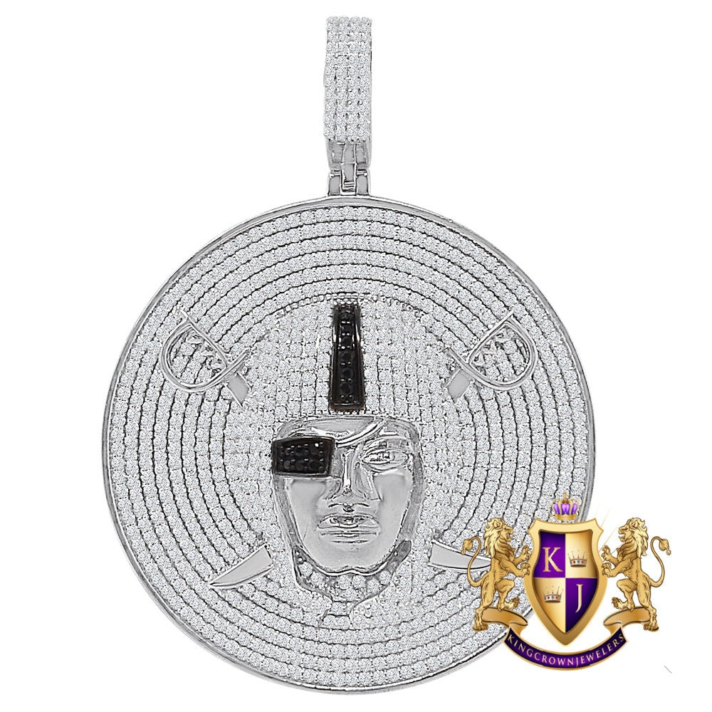 31+ Grams Big 2.5'' Genuine Sterling Silver 9.00 Cwt. Simulated Diamond 14K Gold Over Oakland Raiders Sports Men's Medallion Pendant Charm