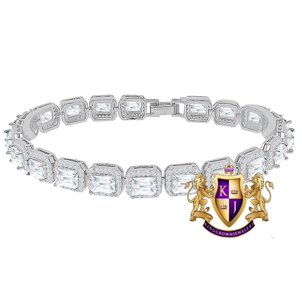 Real Genuine Sterling Silver Crystal Clear Zirconia Solitaire 4.00 CT Simulated Diamond 14K White Gold Over 10 mm Tennis Link Bracelet 7.5''