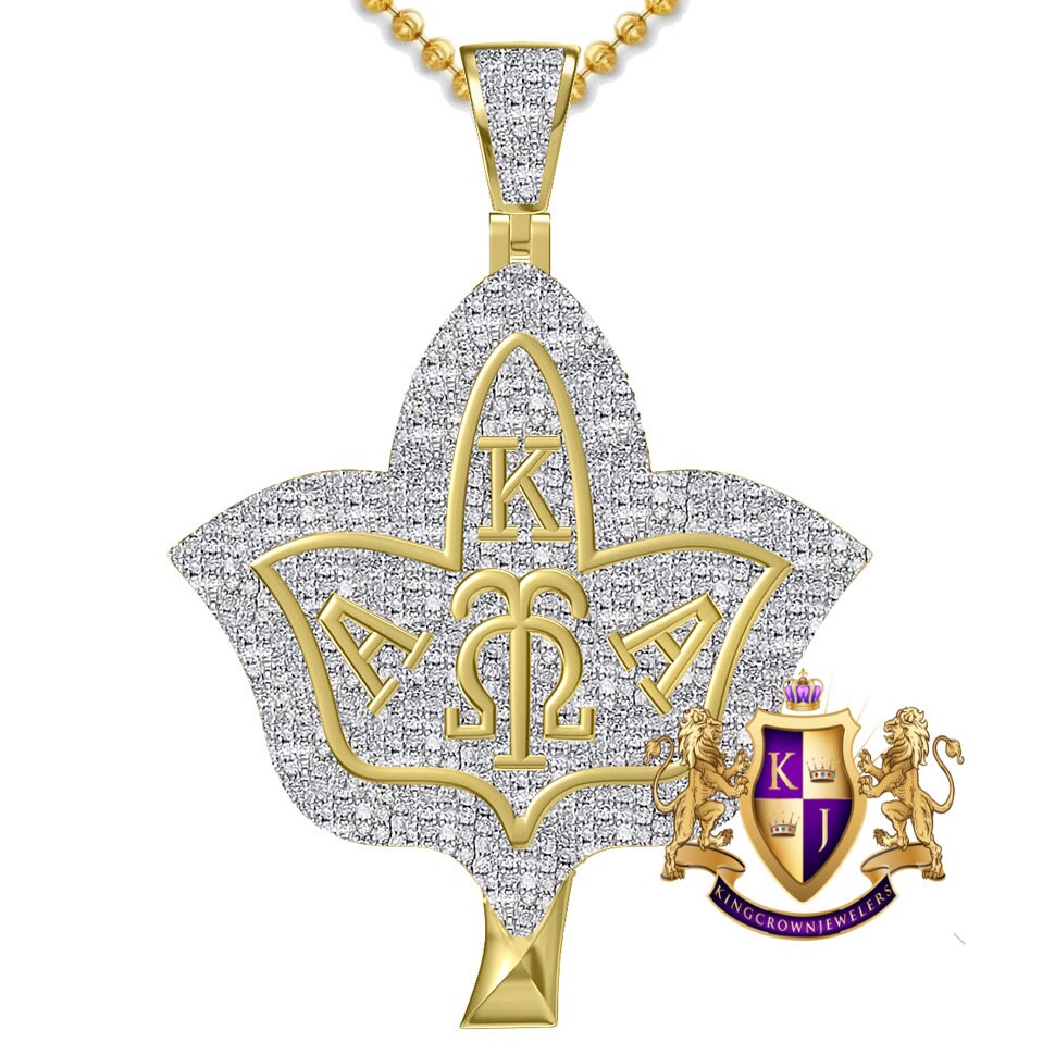 Real Genuine Authentic Diamond Alpha Kappa Alpha AKA Ivy Leaf Omega Symbols Unisex Custom Pendant 10K Solid Gold Over Charm Chain Set 2''