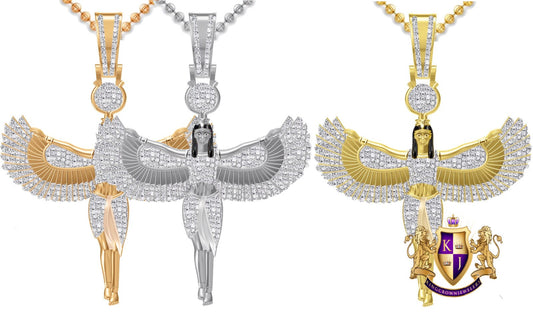 Real Genuine Diamond Ancient Egyptian Horus Sky Goddess God Isis Osiris Pendent 10K Gold Over Unisex Pharaoh Charm + Chain 25+ Grams 2.65''